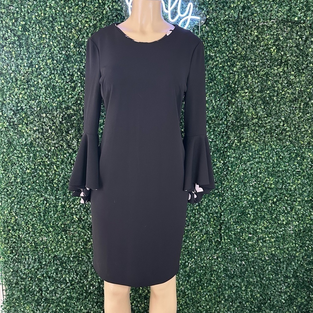 Liz Claiborne Black Dress with Floral Lining Bell Sleeve Size 6